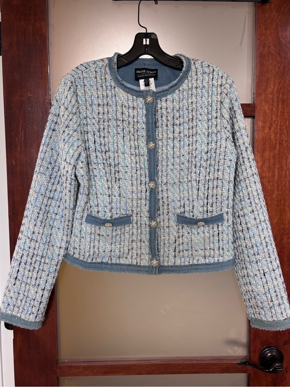 Frank Lyman Design Light Blue Tweed Jacket with Denim Contrast Trim